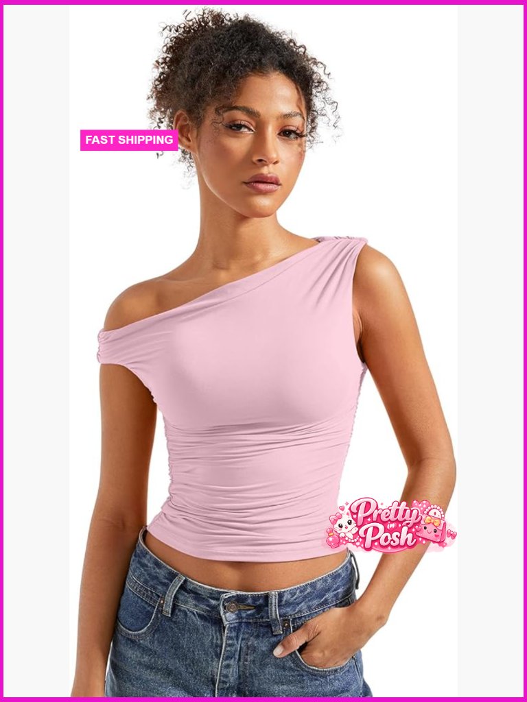 Off Shoulder Sleeveless Crop Tank Top Polyamide Elastane Y2k